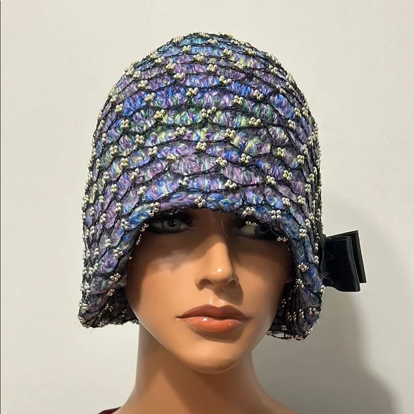 Elegant Multicolor  Cloche Hat with Black Bow Crochet Elegant MulticolorCloche Hat with Black Bow Crochet main image 3